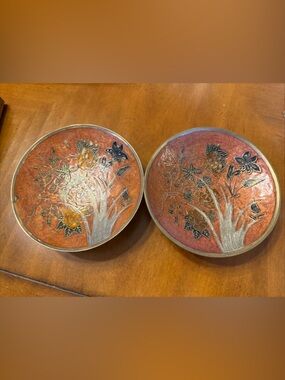 Decorative Brass Floral Enamel Accent Plates - Brass, Gold and Silver (Set of 2)